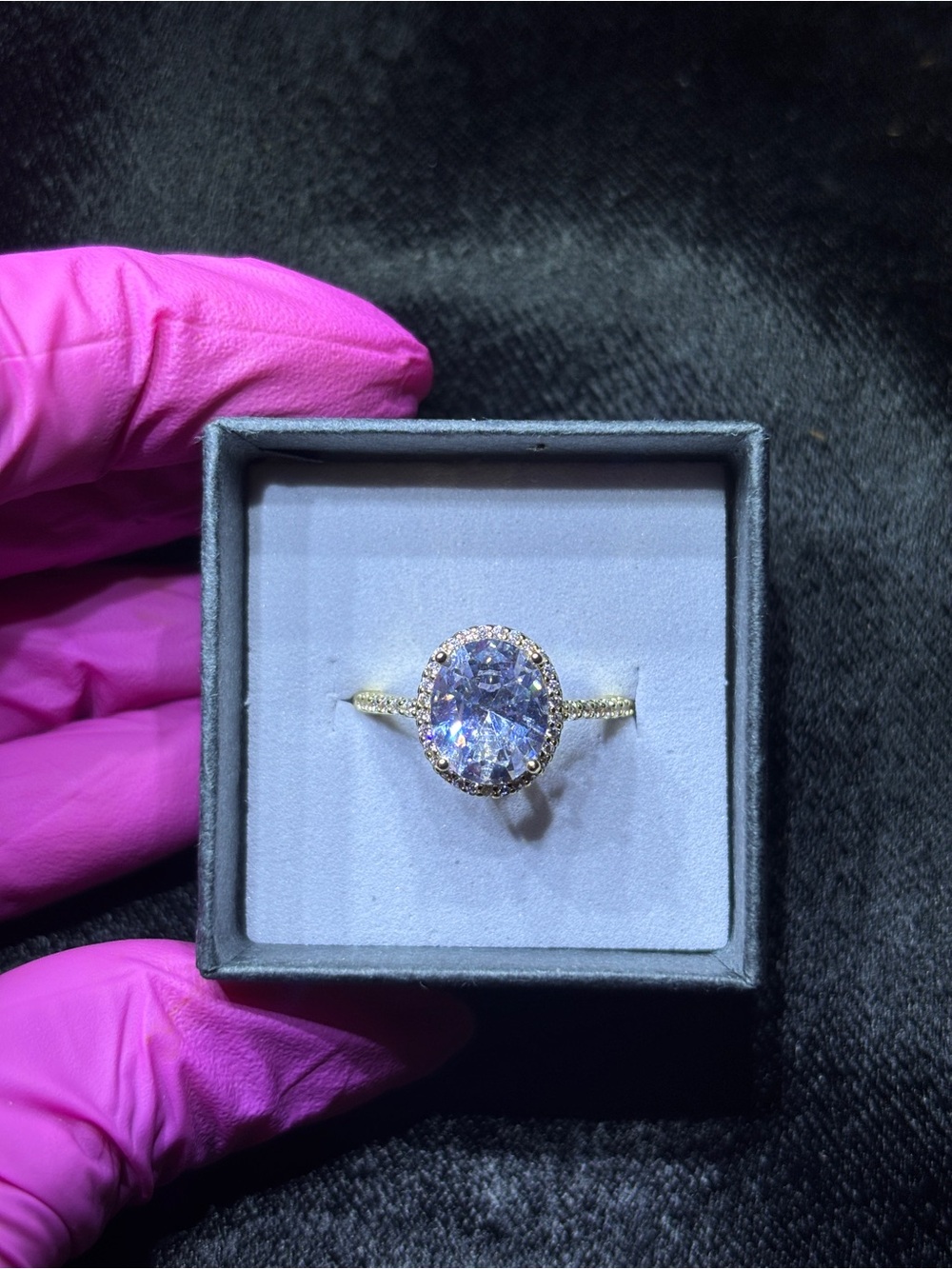 Yellow Gold AAA CZ Oval-Cut Halo Solitaire Ring Size 7 - Picture 7 of 15